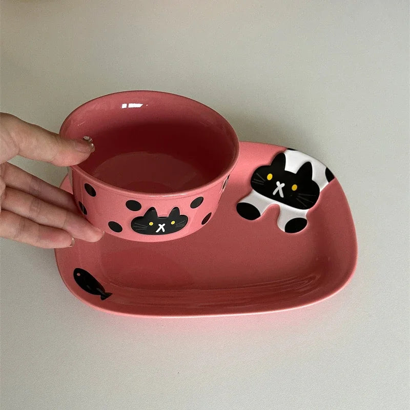 YOUMIKA  -  Korean Polka Dot Black Cat Ceramic Gift Tableware Underglaze Color Household Dining Plate Bowl Coffee Water Cup