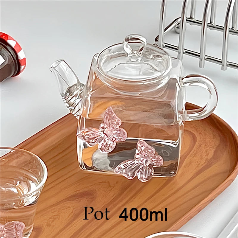 YOUMIKA  -  Glass Tea Set Pink Butterfly Elegant Kettle Teacup Tea Boiling Warm Wine Pot Home Party Tea Tasting Cup Holiday Warmhouse Gift