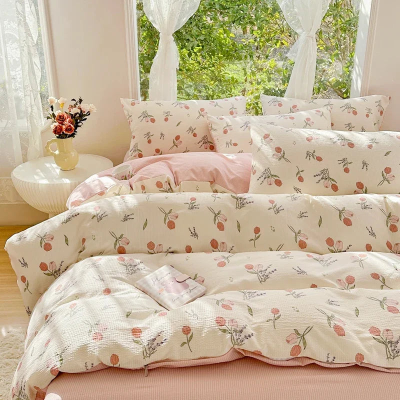 YOUMIKA  -  Fresh Plant Flower Bedding Set Pink Floral Duvet Cover Soft Wash Cotton Home Textiles Pillowcase Sheet Girls Adults Bed Linens