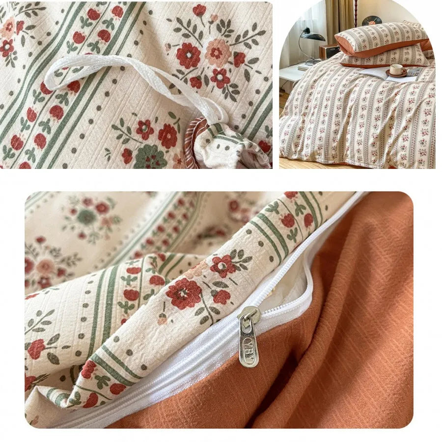 YOUMIKA  -  Vintage Floral Style Bedding Set No Filler Soft Fall Winter Thickening Duvet Cover Flat Sheet Pillowcase Full King Bed Linen