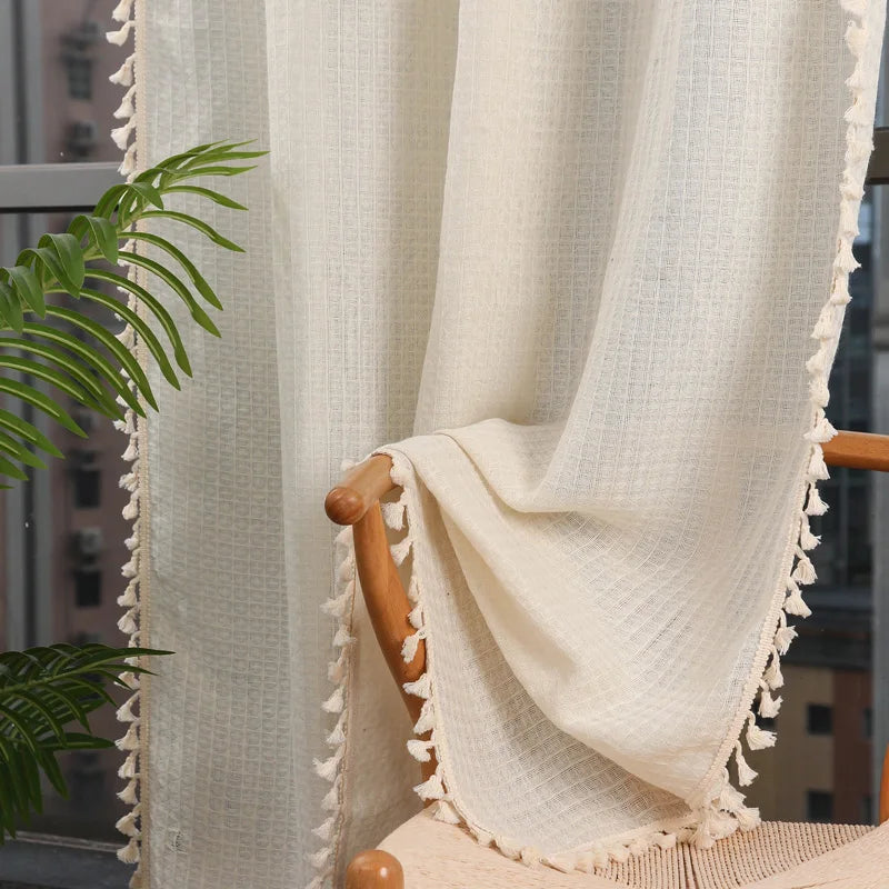 YOUMIKA  -  Boho Sheer Curtains 2 Panels Rod Pocket Macrame Crochet Plaid Drapes with Tassels Windows Curtains for Bedroom Living Room Decor