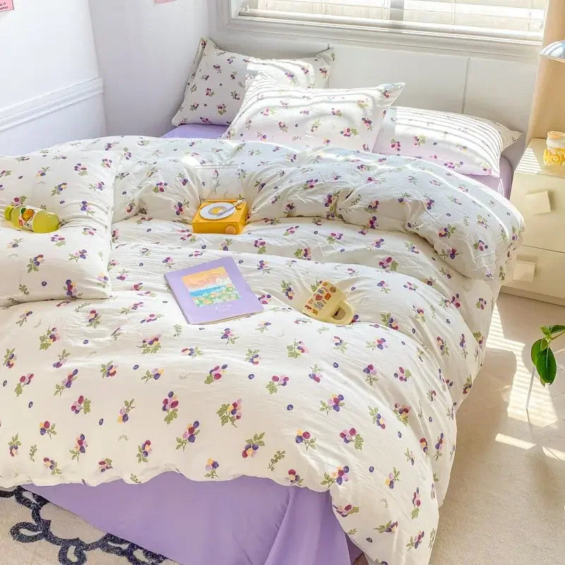 YOUMIKA  -  Fresh Botanical Floral Bedding Set INS Girls Soft Washed Cotton Bed Sheet Duvet Cover Pillowcase Bed Linens Single Double Size