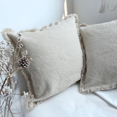 YOUMIKA  -  Decorative Throw Pillow Covers with Tassels Linen Pillowcase Beige Fringed Cushion Cover for Farmhouse Couch Sofa & Chair TJ9456