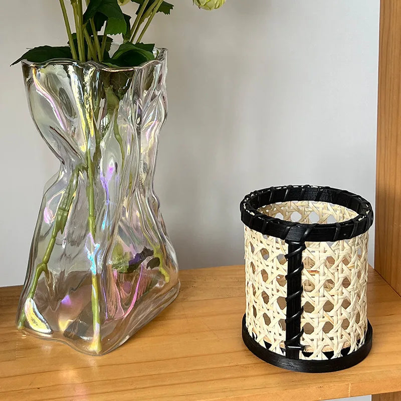 YOUMIKA  -  White Vine Hand Woven Cylindrical Pen Holder,bamboo Woven Small Cylinder Tableware Storage Basket,small Miscellaneous Basket Set