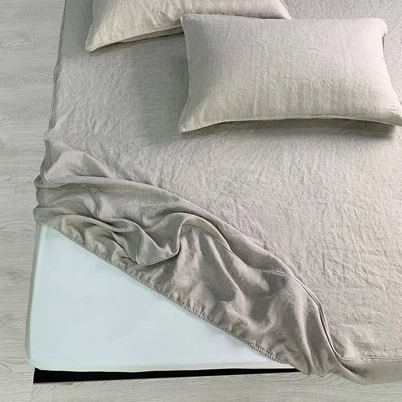 YOUMIKA  -  100% Linen Fitted Sheet Stone Washed Solid Color 1Piece Deep Pocket Mattress Cover Natural Soft and Breathable Farmhouse Bedding