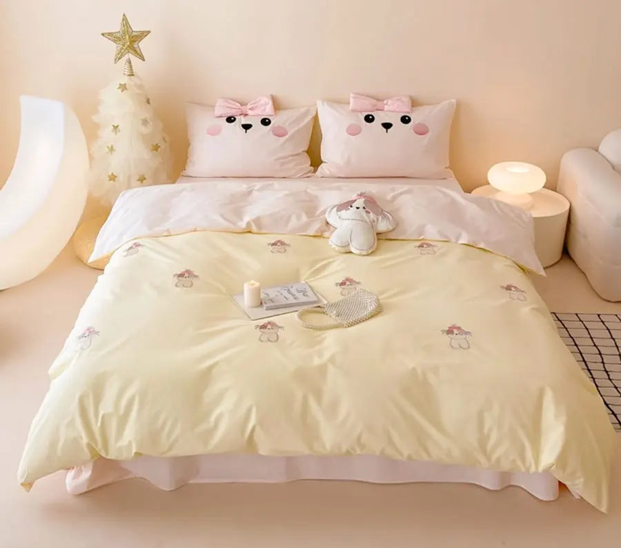 YOUMIKA  -  Cute embroidery dog yellow beding set 1.2 1.5 1.8 2.0,twin full queen king cotton home textile bed sheet pillow case duvet cover