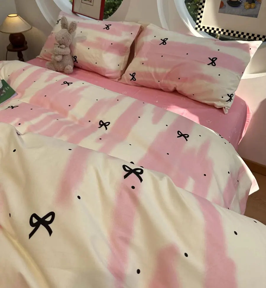 YOUMIKA  -  Cute Pink Stripes Bow Polka Dot Bedding Set Single Double,twin Full Queen Cotton Home Textile Bed Sheet Pillow Case Quilt Cover