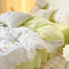 YOUMIKA  -  Princess Floral Home Bedding Set Without Filler Ruffle Edge Quilt Cover Soft Flat Sheet Pillowcase Girls Green Bed Linens