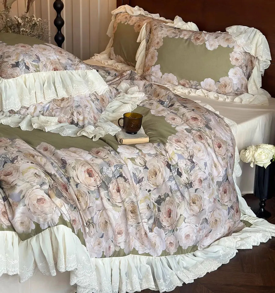 YOUMIKA  -  Vintage french flower bedding set,full queen king retro fairyfair ruffled green home textile bed sheet pillow case quilt cover