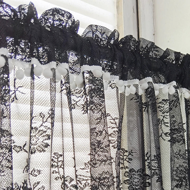 YOUMIKA  -  Black Lace Curtains Country Rustic Floral Vintage Privacy Semi-Sheer Curtain Small Window Treatments Rod Pocket for Kitchen Cafe