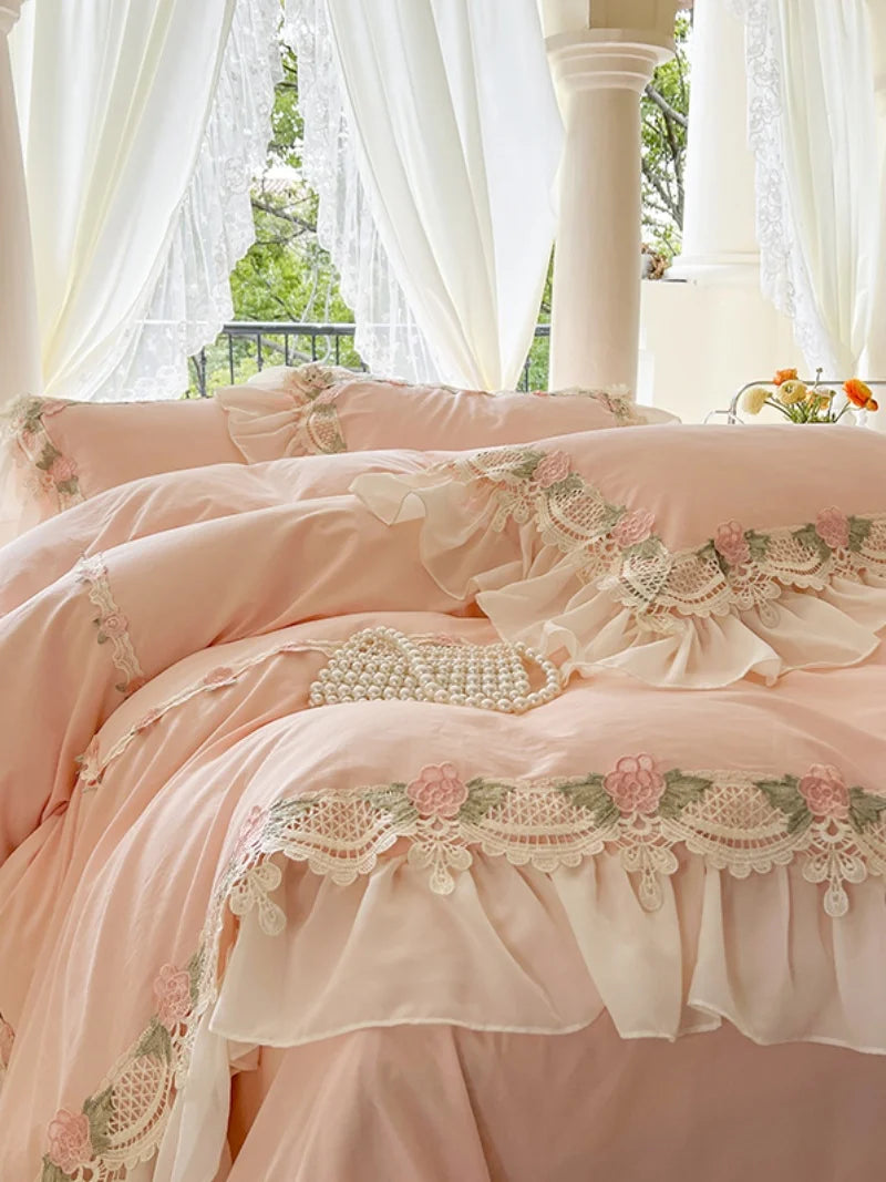 YOUMIKA  -  Ins Pink Confirtable Soft Cotton French Wedding Bedding Set Flowers Lace Embroidery Ruffles Duvet Cover Bed Sheet Pillowcase