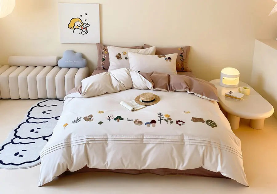 YOUMIKA  -  Cute cartoon embroidery squirrel rabbit bear bedding set,full queen king cotton home textile bed sheet pillow case duvet cover