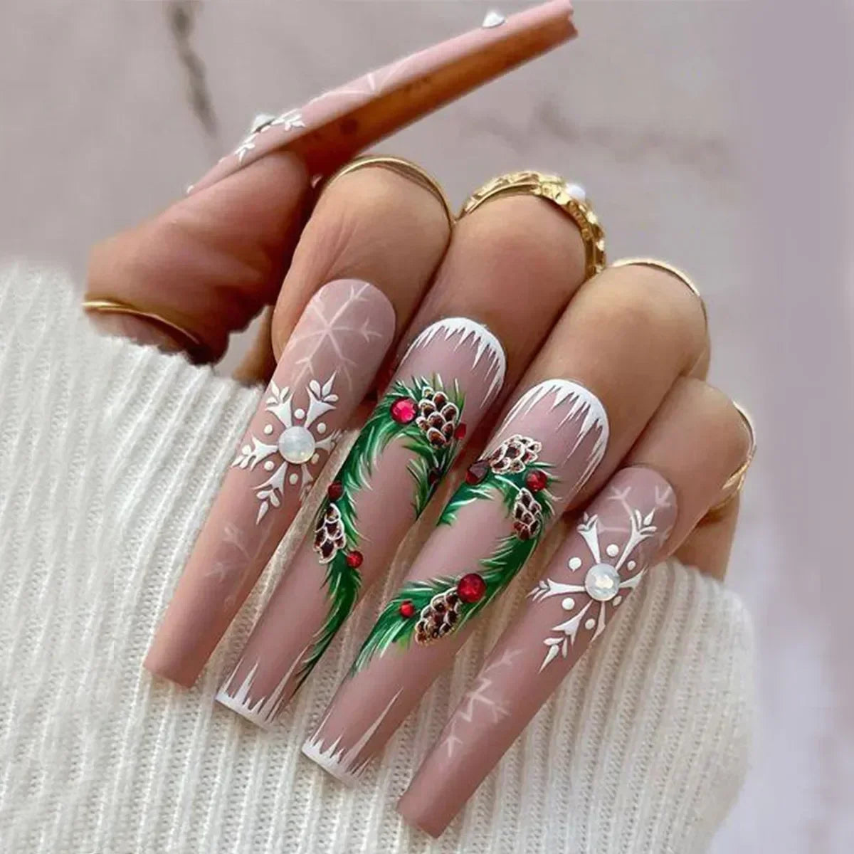 YOUMIKA  -  24Pcs Christmas Ballet False Nails Long Coffin Press on Nails Wearabe Fake Nails with Snowflake Design Full Cover Manicure Tips