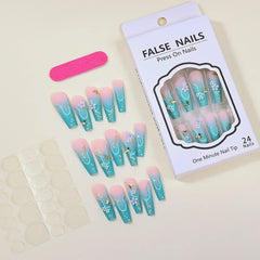 YOUMIKA  -  24Pc Long Green False Nails 3D Camellia Butterfly Design Fake Nail Coffin Ballet Press on Nails Artificial Wearable Finished Tip