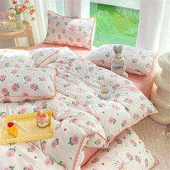 YOUMIKA  -  Ins Pink Flowers Rabbit Comforter Bedding Set Soft Washed Cotton Bed Sheet Girls Kids Quilt Cover Pillowcase Bed Linens