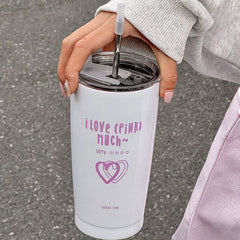 YOUMIKA  -  Original Pink Print Love Stainless Steel Insulated Straw Cup Cute Girl Heart Large Capacity Water Bottle