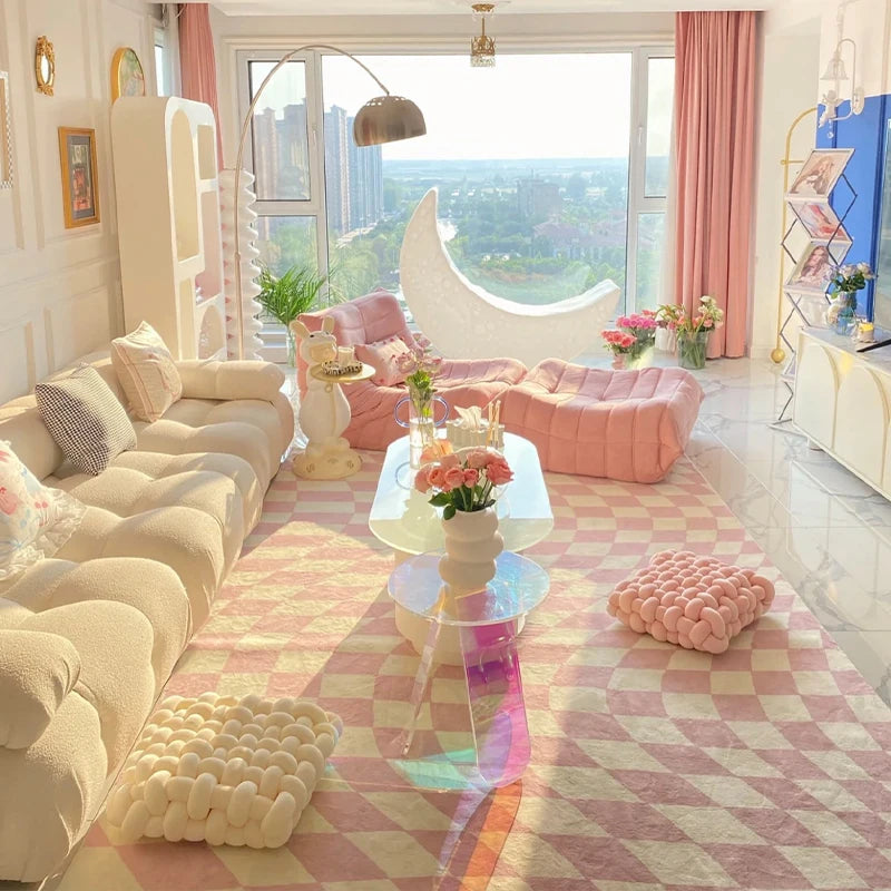 YOUMIKA  -  Modern Ins Plaid Easy Care Living Room Carpet Pink Plush Soft Girls Bedroom Carpets Fashion Large Area Cloakroom Decorative Rug