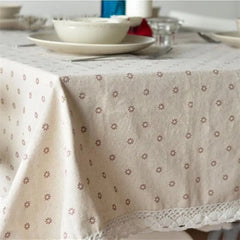 YOUMIKA  -  Cotton Linen Brown Chrysanthemum Daisy Tablecloth, White Lace Tea Table for Kitchen, Wedding, Dining Room