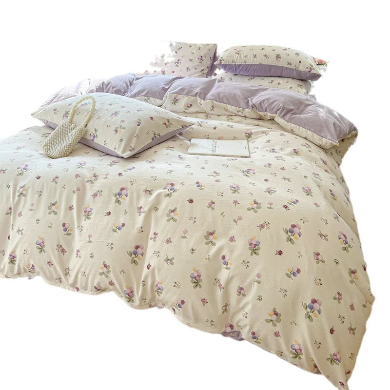 YOUMIKA  -  4pcs Vintage Countryside Style Bed Sheet, Four Seasons Water Washed Cotton Small Flower Duvet Cover, Bedding Supplies 1.5/1.8/2M