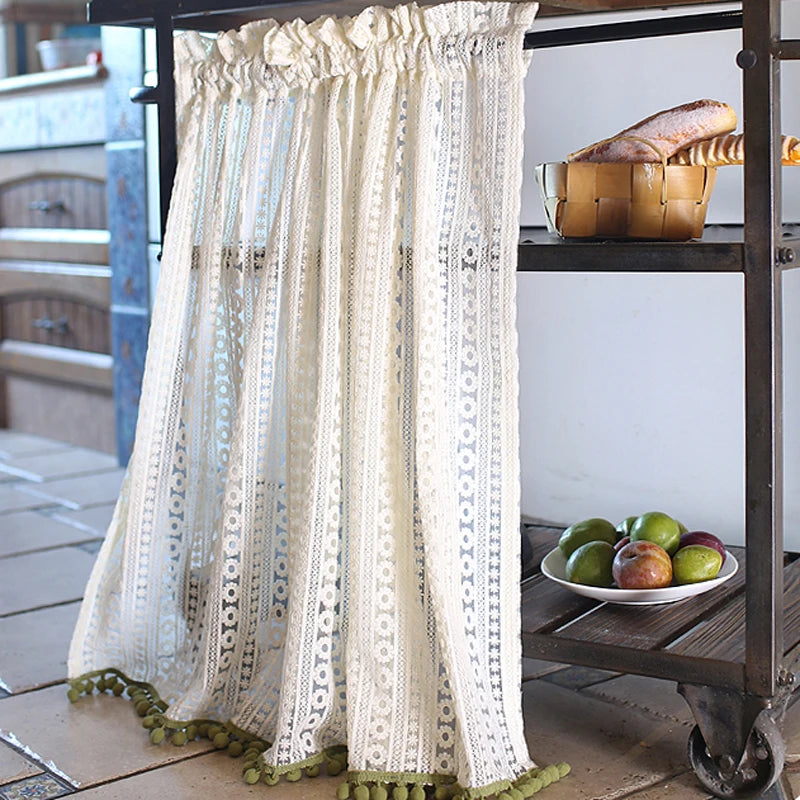 YOUMIKA  -  Boho Cafe Valance White Lace Embroidery Curtain with Pompom Edge Farmhouse Window Drapes for Living Room Bedroom Home Decoration