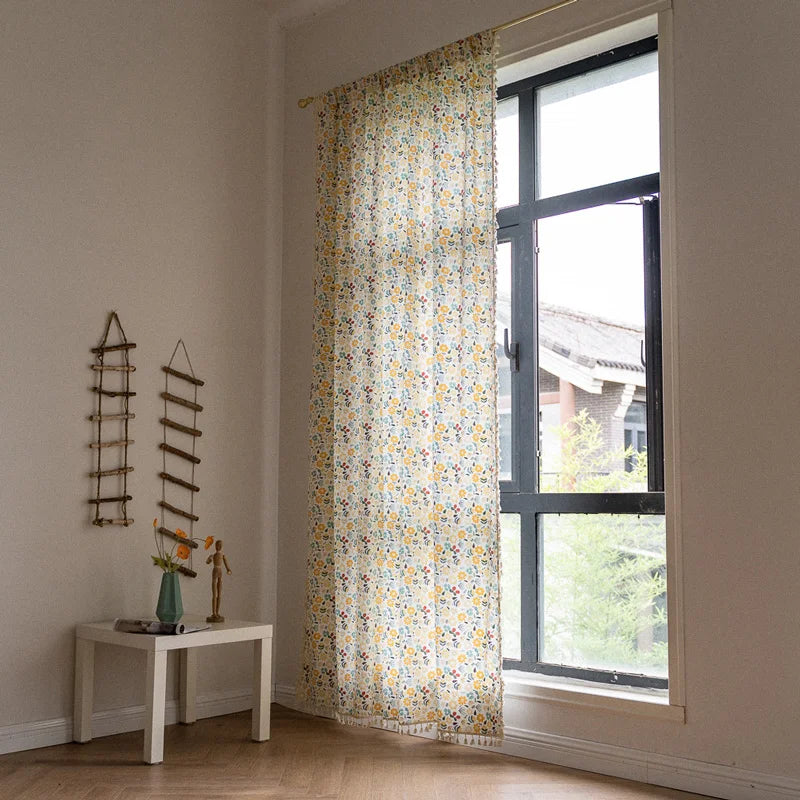 YOUMIKA  -  Boho Flower Printed Curtains with Tassels, Cotton Linen, Semi-Blackout Curtain Panels, Window Drapes for Bedroom, Living Room