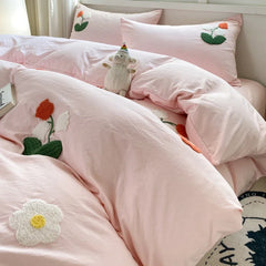 YOUMIKA  -  Cute Flower Embroidery Bedding Set Pink Girls Duvet Cover With Sheet Pillowcase Soft Washed Cotton Bed Linen Decor Home Textiles