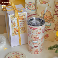 YOUMIKA  -  Cute Spring Butter Bear Large Capacity 304 Stainless Steel Direct Drinking Mouth Straw Insulation Cup Cartoon