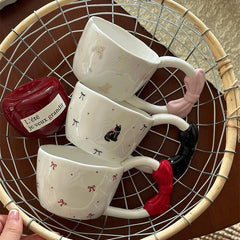 YOUMIKA  -  Creative Bow Handle Ceramic Mug Hand Drawn Bow Healing Cartoon Gift Cup Coffe Cup