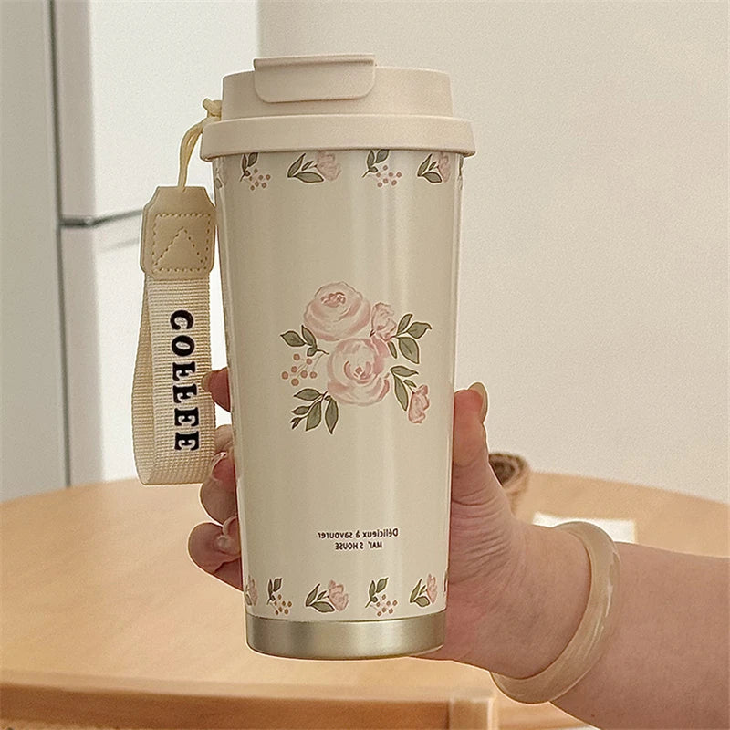 YOUMIKA  -  Stainless Steel Thermos Cup Pink Rose Large Capacity Thermos Bottle Woman Portable Camping Travel Water Cup Coffee Mug Gift