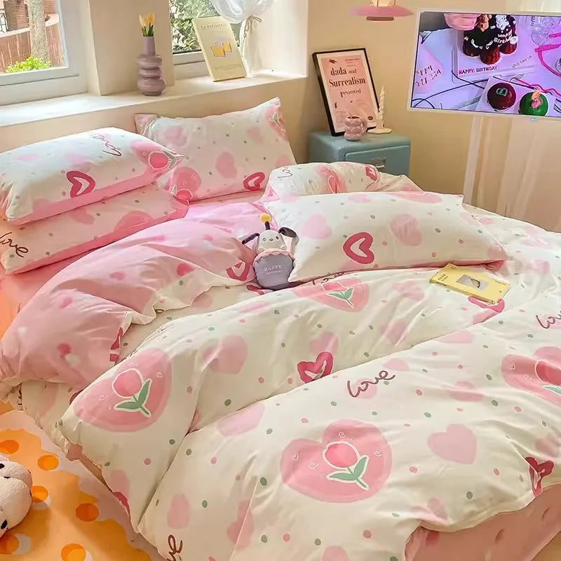 YOUMIKA  -  3/4 Piece Cotton Bedding Set For Girl Cute Korean Style Flat And Fitted Bed Sheets Set Comforter Twin Queen Size With Pillowcase