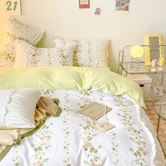 YOUMIKA  -  Princess Floral Home Bedding Set Without Filler Ruffle Edge Quilt Cover Soft Flat Sheet Pillowcase Girls Green Bed Linens