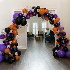 YOUMIKA  -  Halloween Balloon Garland Arch Kit, Confetti Purple Black Orange latex Balloons with Spider Web Halloween for Party Decoration