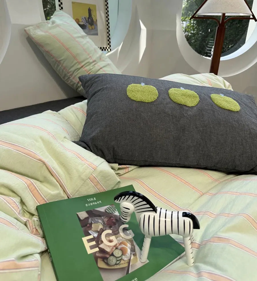 YOUMIKA  -  Fresh Fashion Green Stripe Embroidery Apple Bedding Set,twin Full Queen Cotton Home Textile Bed Sheet Pillow Case Quilt Cover