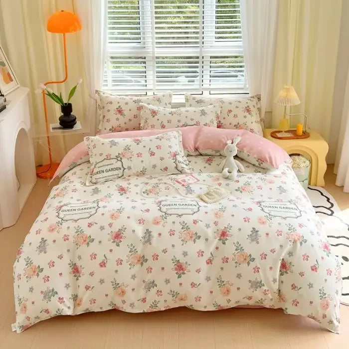 YOUMIKA  -  Pastoral Floral Bedding Set No Filler Soft Washed Cotton Duvet Cover Flat Sheet Pillowcase Full King Girls Adults Bed Linens