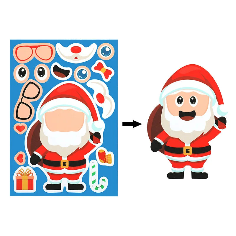 YOUMIKA  -  8/16Sheets Christmas Puzzle Stickers Santa Snowman Xmas Tree Make a Face Sticker Kids New Year Party Favors Toy Gift Decoration