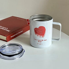 YOUMIKA  -  Red Love Printed Stainless Steel Insulated Mug with Lid Office Coffee Cup Cup Lid Water Bottle Kawaii Water Bottle