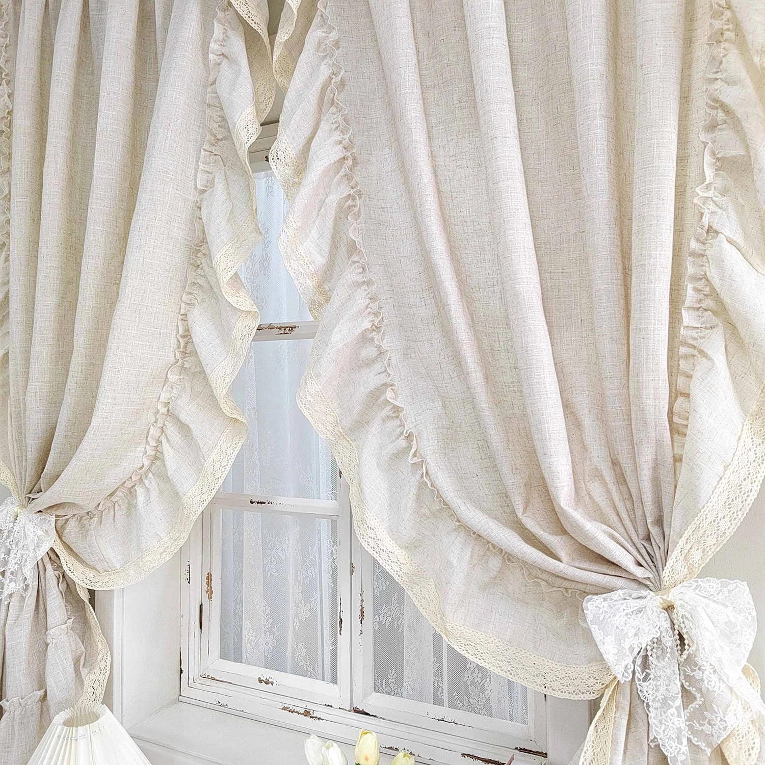 YOUMIKA  -  Romantic French Ruffled with Splicing Crochet Lace Gauze Curtains For Bedroom, Retro Home Kitchen Window Screen Drapes Decor