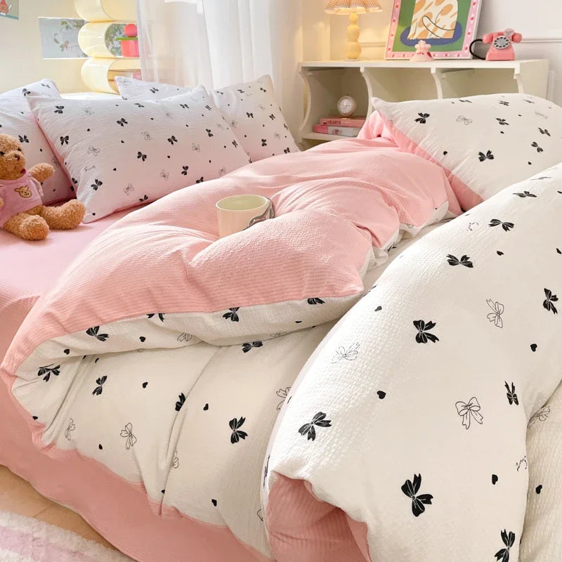 YOUMIKA  -  Ins Black Bowknot Bedding Set Pink Bed Flat Sheet Duvet Cover Twin Full Queen Princess Style Bed Linen Girls Quilt Cover