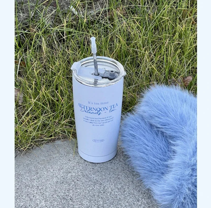 YOUMIKA  -  Blue Print Romantic Stainless Steel Insulated Straw Cup Cute Girl Heart Large Capacity Kawaii Water Bottle