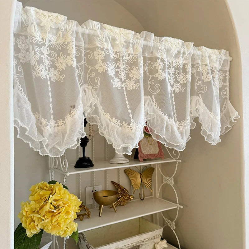 YOUMIKA  -  Sheer Lace Valance with Scalloped Bottom for Kitchen Bathroom Dining Room Living Room Bedroom and Basement Classic Floral Design