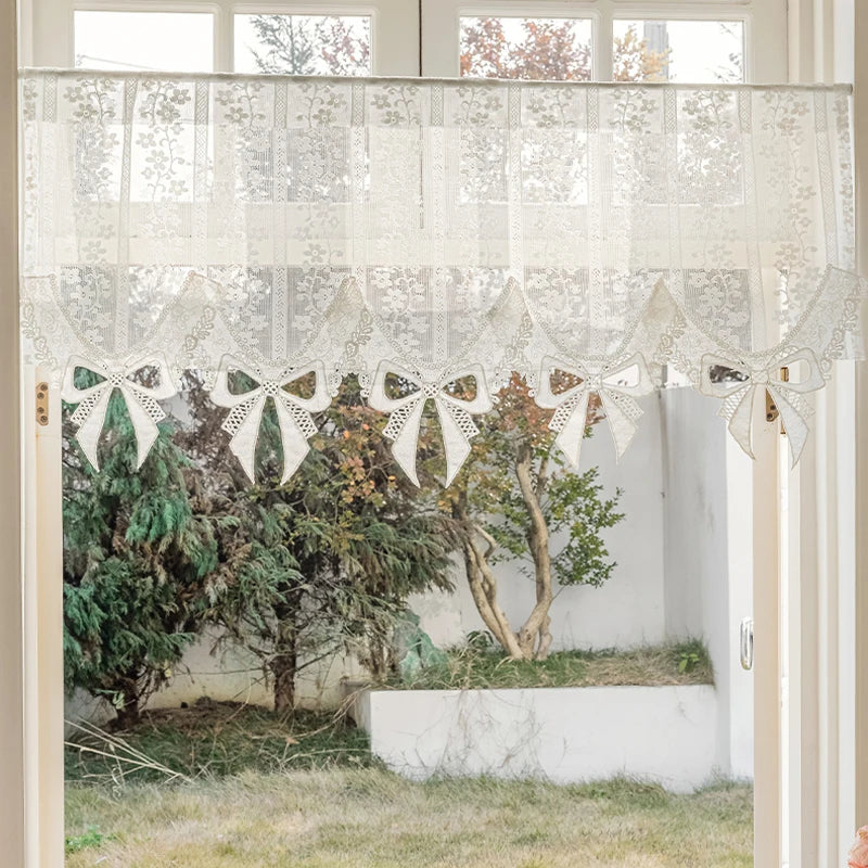 YOUMIKA  -  Lace Sheer Valance Curtain White Mesh Window Kitchen Valance Embroidery Floral Voile Curtain Tiers for Kitchen Dinning Bathroom