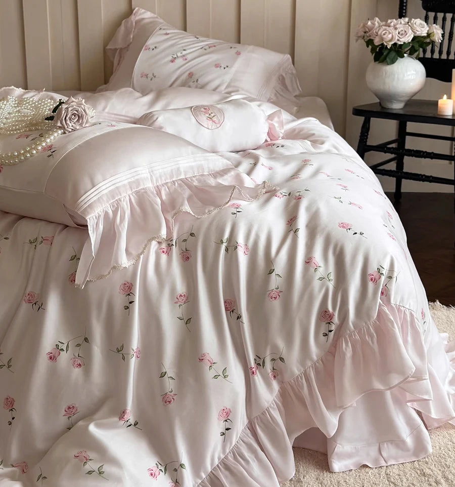 YOUMIKA  -  Romantic sweet french pink flower bedding set,full queen king fairyfair ruffled home textile bed sheet pillow case quilt cover