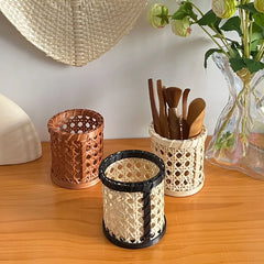 YOUMIKA  -  White Vine Hand Woven Cylindrical Pen Holder,bamboo Woven Small Cylinder Tableware Storage Basket,small Miscellaneous Basket Set