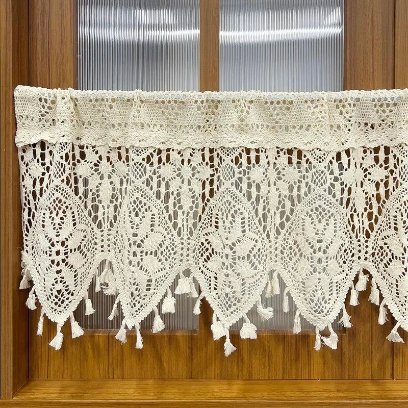 YOUMIKA  -  Rustic Crochet Curtains Valance for Kitchen Cotton Lace Curtains for Small Window Farmhouse Tassels Curtains for Cafe Decoration