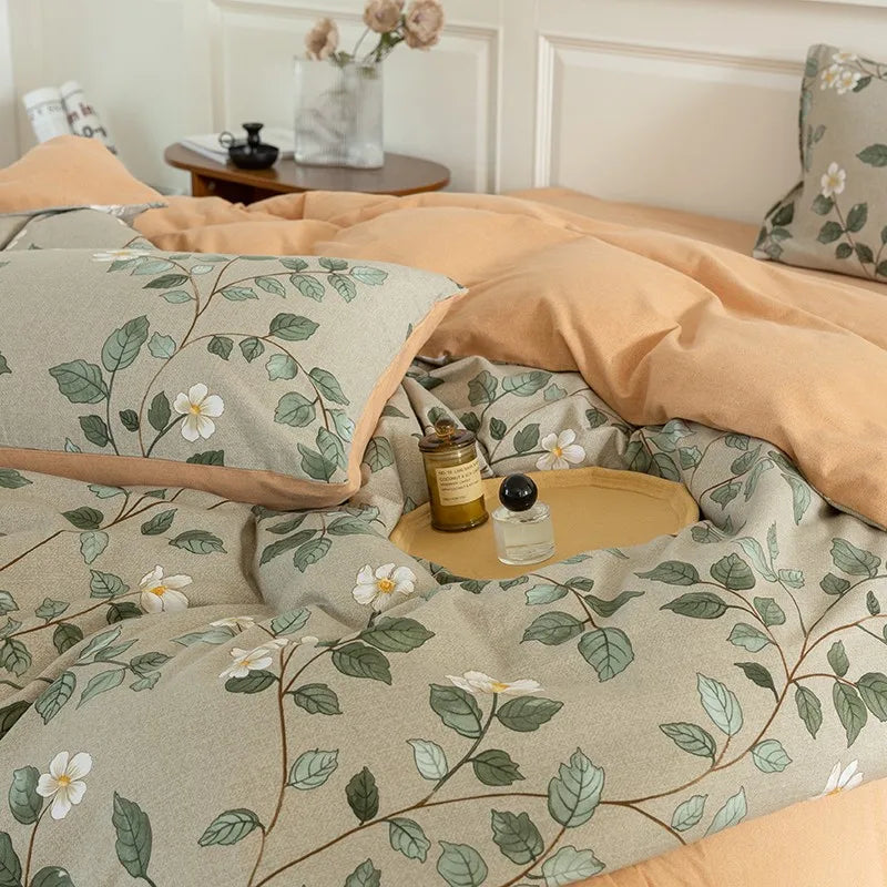 YOUMIKA  -  100% Cotton Brushed Green Branch Leaves Flowers Bedding Set Twin Double Queen Comforter Cover with Zipper Bed Sheet Pillowcases