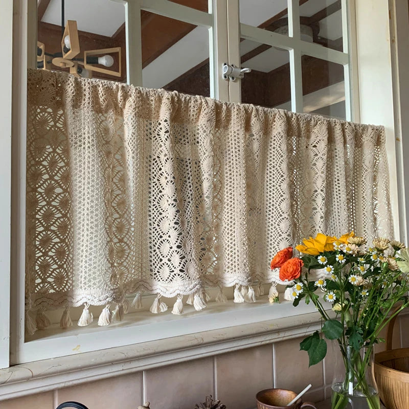 YOUMIKA  -  Home Boho Sheer Curtain Valance with Handmade Tassels Short Farmhouse Decor Window Treatment for Kitchen Cafe Rod Pocket 1 Panel