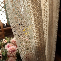 YOUMIKA  -  Boho Chic Beige Crochet Knitting Curtains for Bedroom Cotton Linen Hollowed Retro Farmhouse Patio Window Drapes