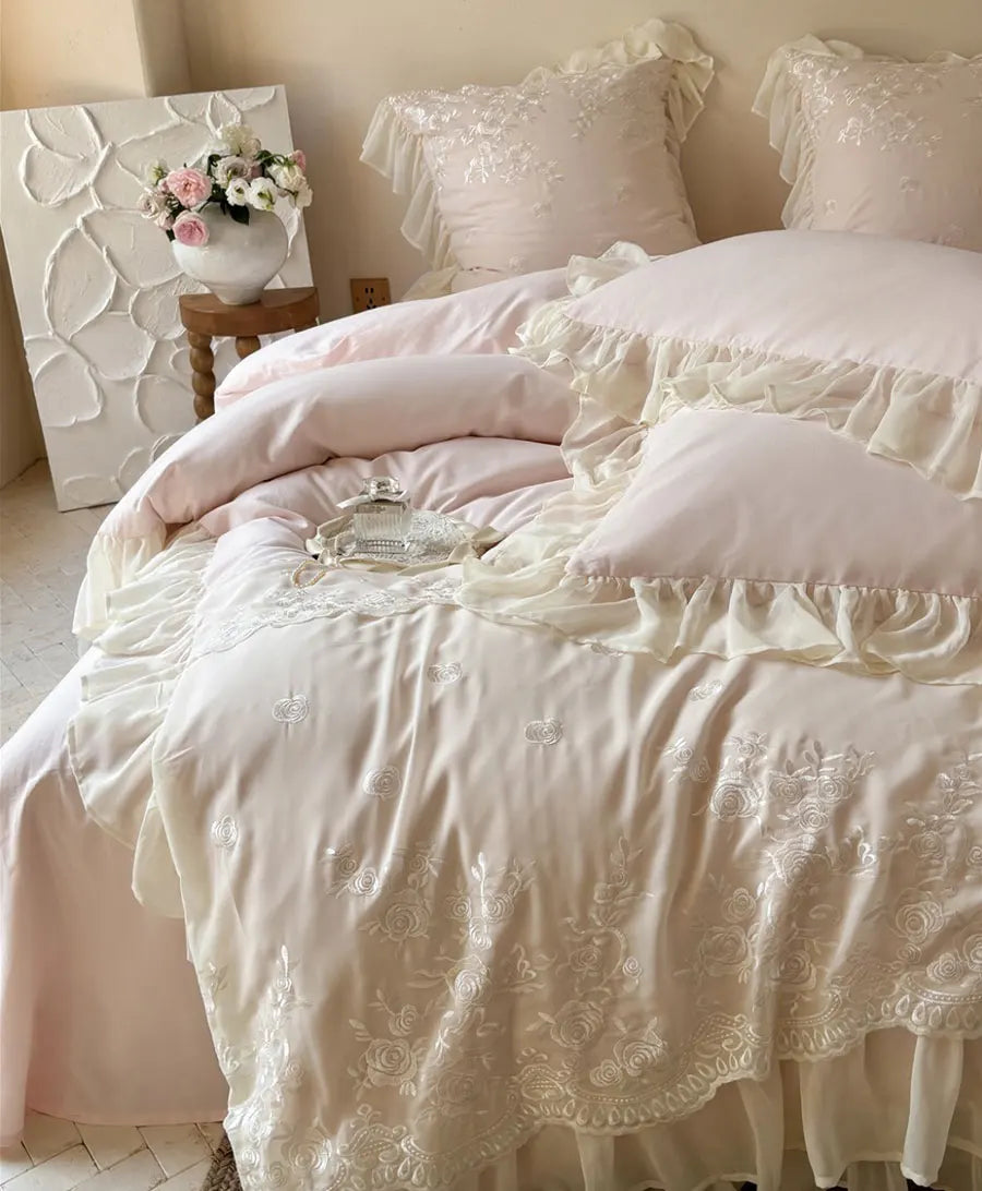 YOUMIKA  -  Luxury romantic fairyfair lace pink blue red bedding set,full queen king cotton home textile bed sheet pillow case duvet cover