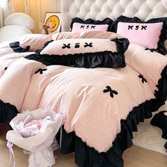 YOUMIKA  -  Black Lace Ruffles Korean Princess Style Bow Decoration Bedding Set Soft Skin-friendly Stripe Duvet Cover Bed Sheet Pillowcases