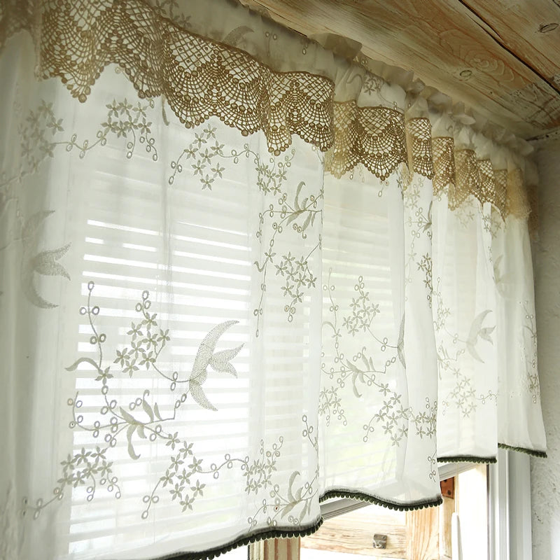 YOUMIKA  -  Lace Tier Curtains Floral Embroidery Short Curtain Panels Rod Pocket Semi Sheer Curtains for Bedroom Living Room Kitchen Windows